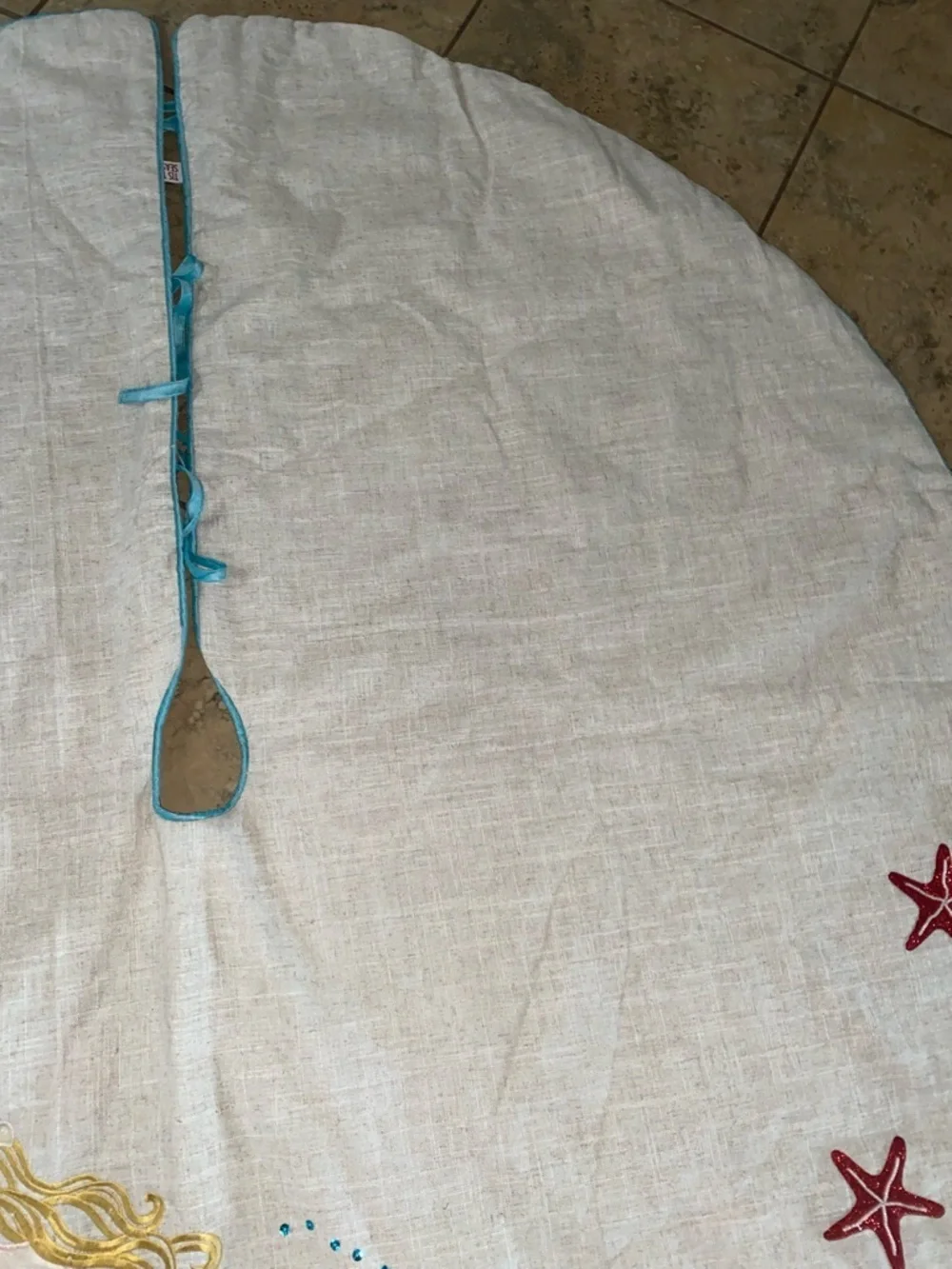 Mermaid Starfish Embroidered Coastal Turquoise White Christmas 52”W Tree Skirt